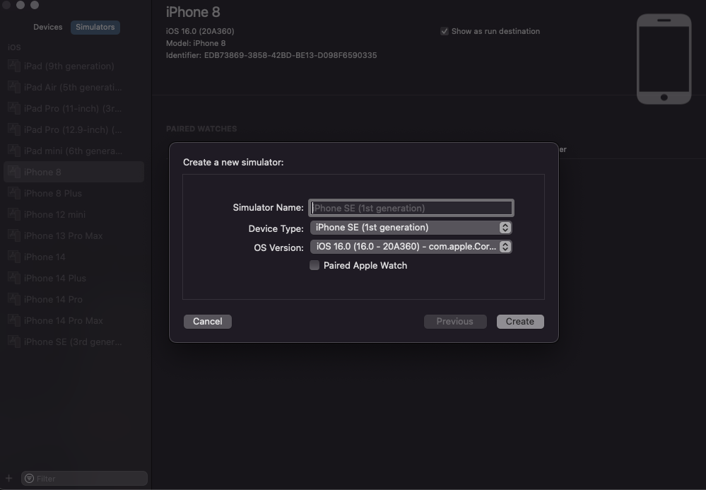Screenshot of adding a new simulator in xcode